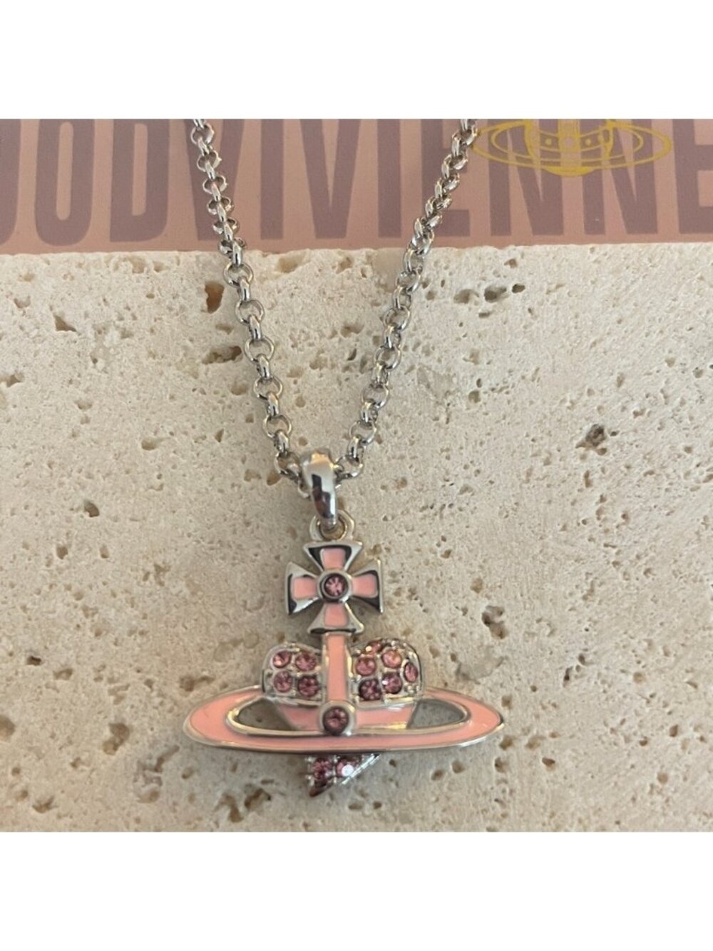 Vivienne Westwood Pink Orb Necklace Crystal Saturn Pendant Iconic Logo